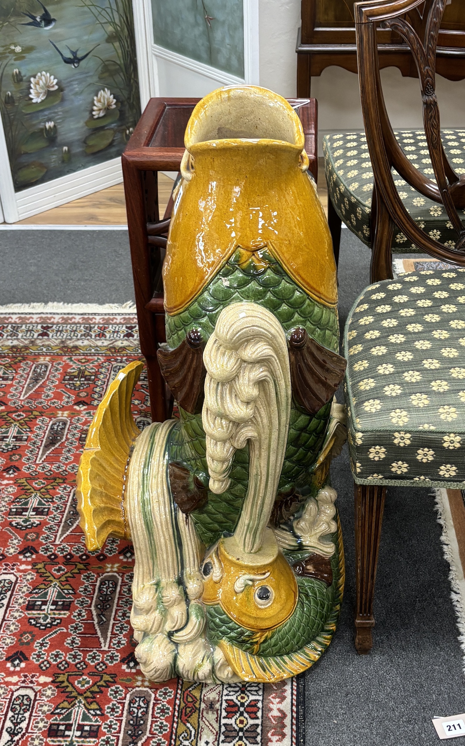A very large Chinese Sancai pottery fish vase, 82cm high